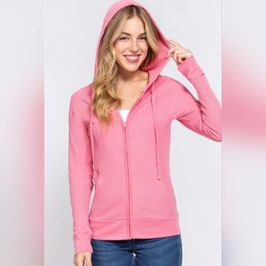 ACTIVE BASIC Waffle Knit Drawstring Zip Up Long Sleeve Hoodie